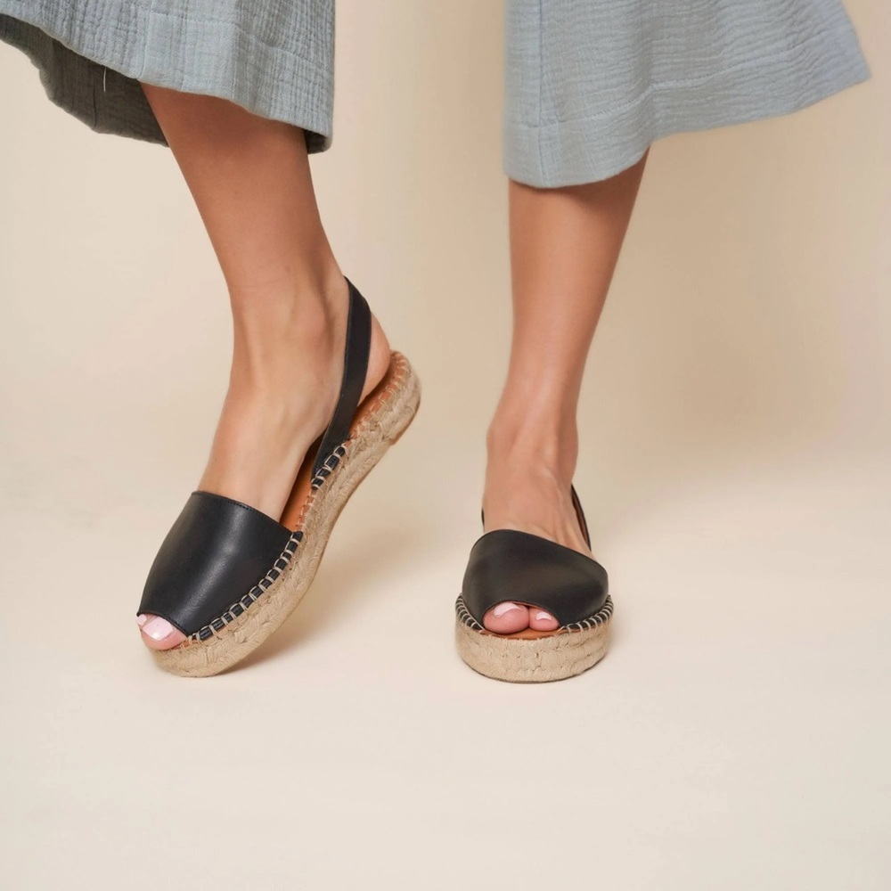 Aloha Black Leather Open Toe "Ibiza" Espadrilles 
Size EU 39 US 8.5